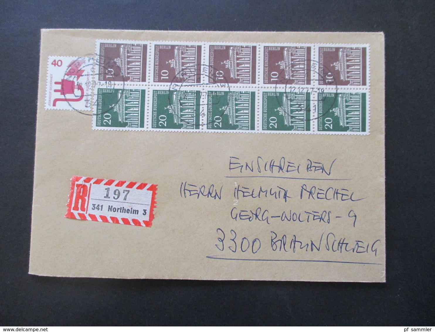 Berlin 1977 Freimarken Brandenburger Tor 5er Block ZD W41 MiF Mit Unfallverhütung Einschreiben Northeim 3 Nach Braunschw - Storia Postale