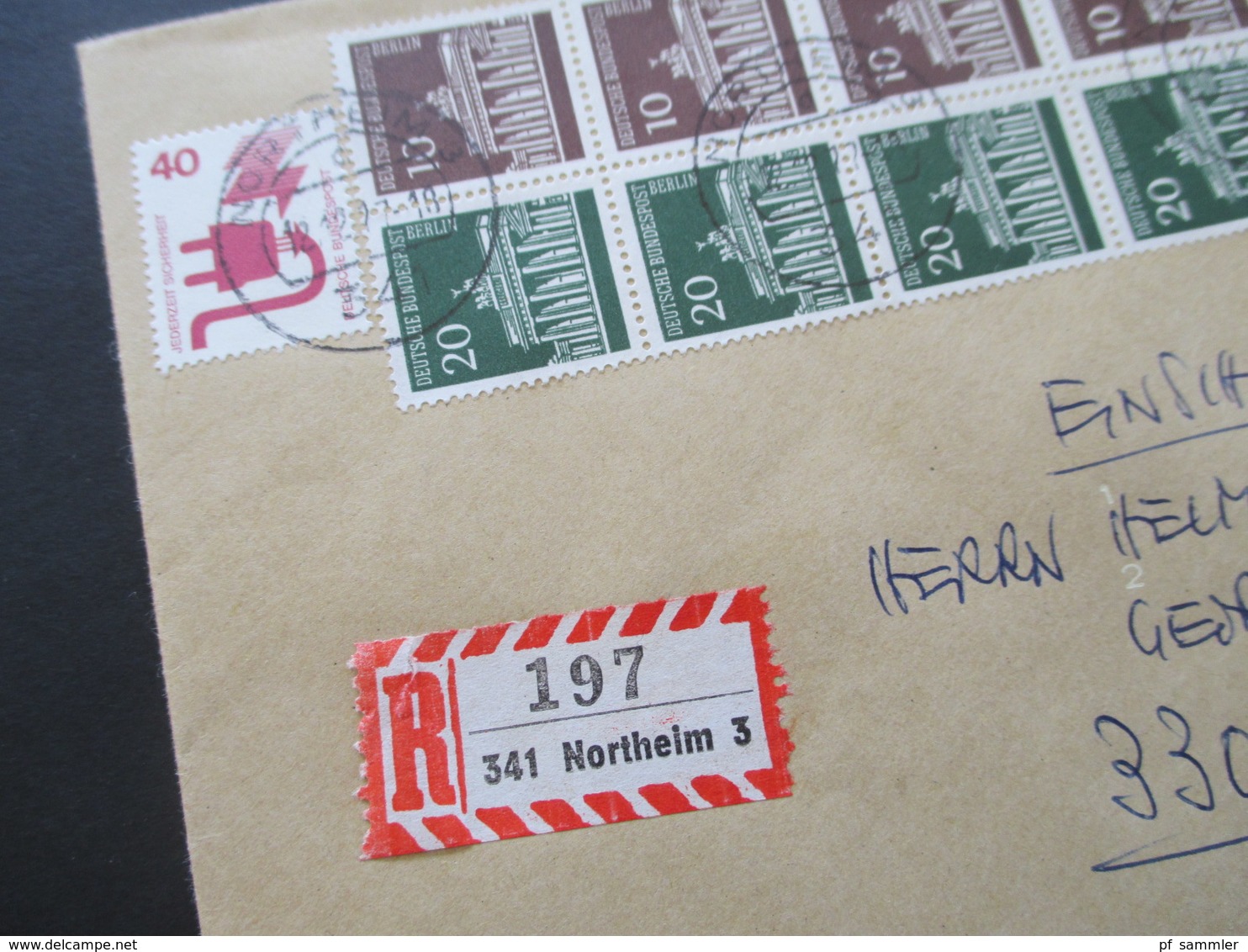 Berlin 1977 Freimarken Brandenburger Tor 5er Block ZD W41 MiF Mit Unfallverhütung Einschreiben Northeim 3 Nach Braunschw - Storia Postale