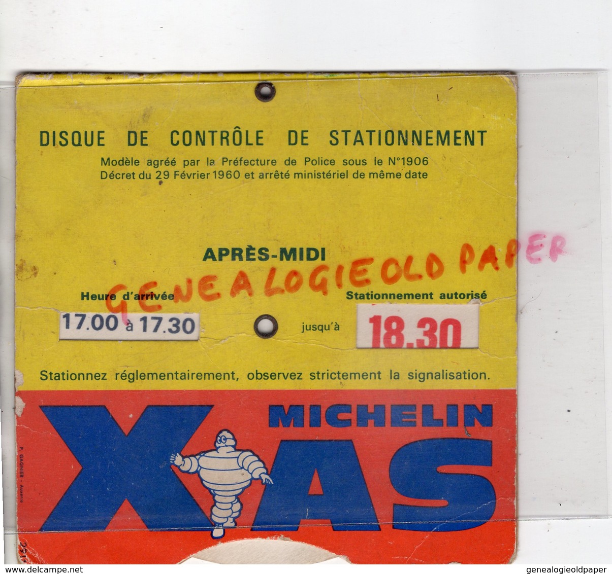 63- CLERMONT FERRAND- DISQUE CONTROLE STATIONNEMENT MICHELIN XAS - Voitures