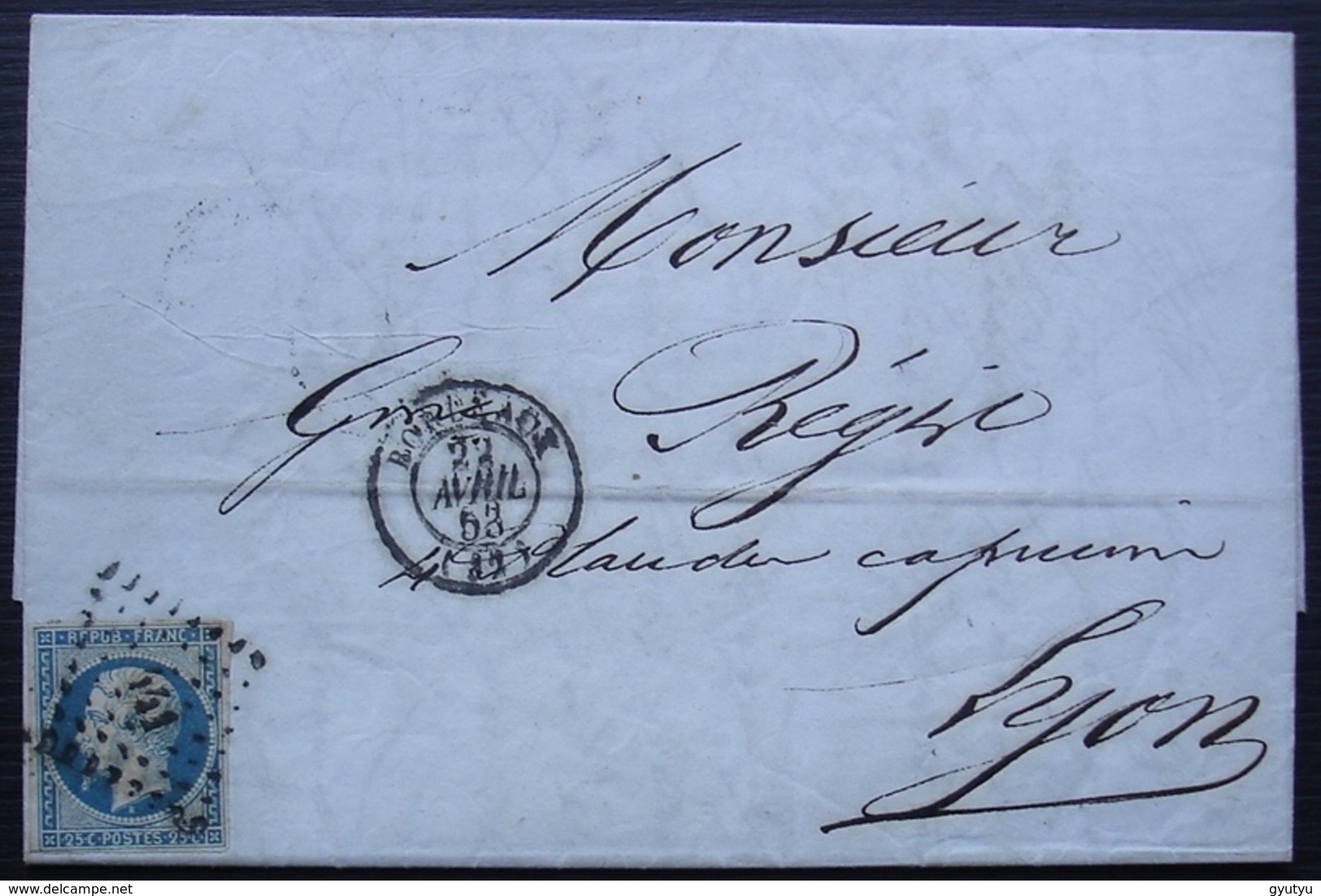 Bordeaux 1853 N°10 Sur Lettre De Régis Pour Lyon - 1849-1876: Classic Period