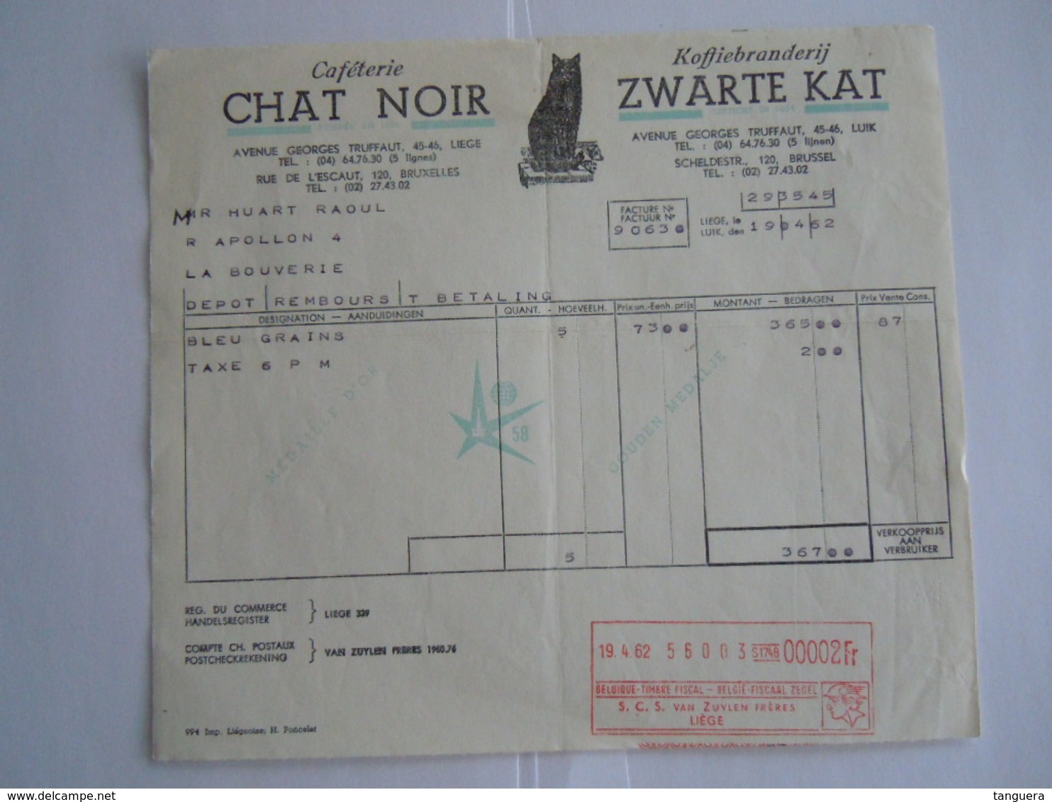 1962 Chat Noir Caféterie Zwarte Kat Koffiebranderij Liège Medaille D'or Expo 58 Facture Huart La Bouverie Taxe 2 Fr - Alimentare