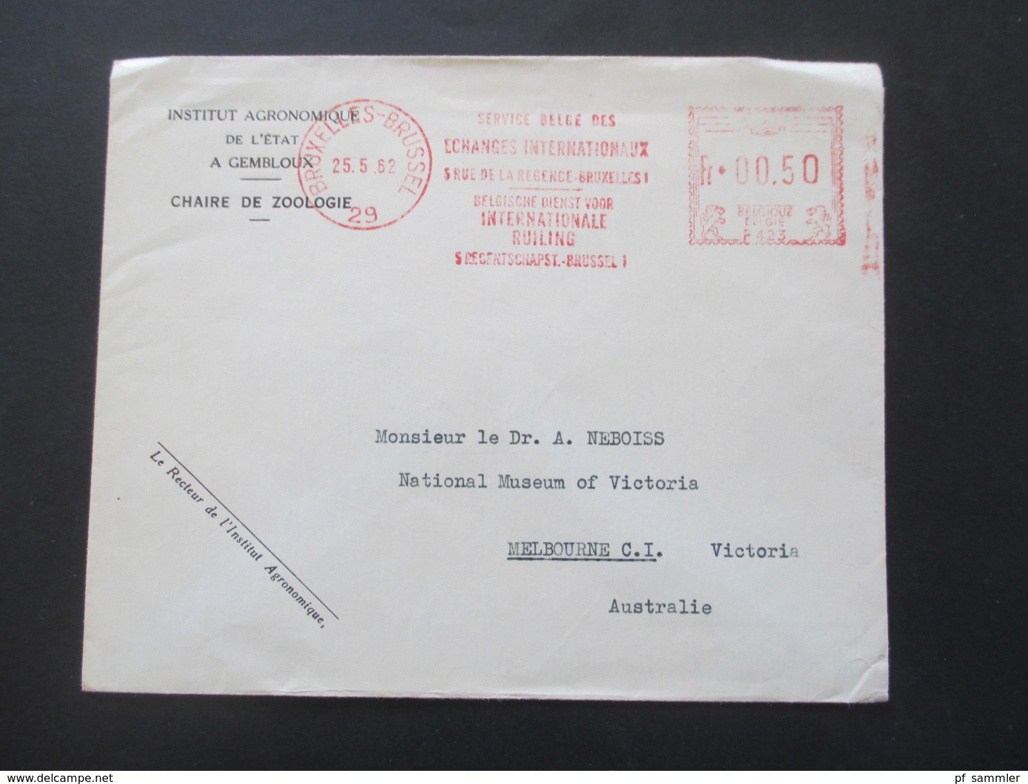 Belgien 1962 Roter AFS / Freisdtempel Bruxelles Umschlag Des Institut Agronomiques Chaire De Zoologie Nach Australien!! - Covers & Documents