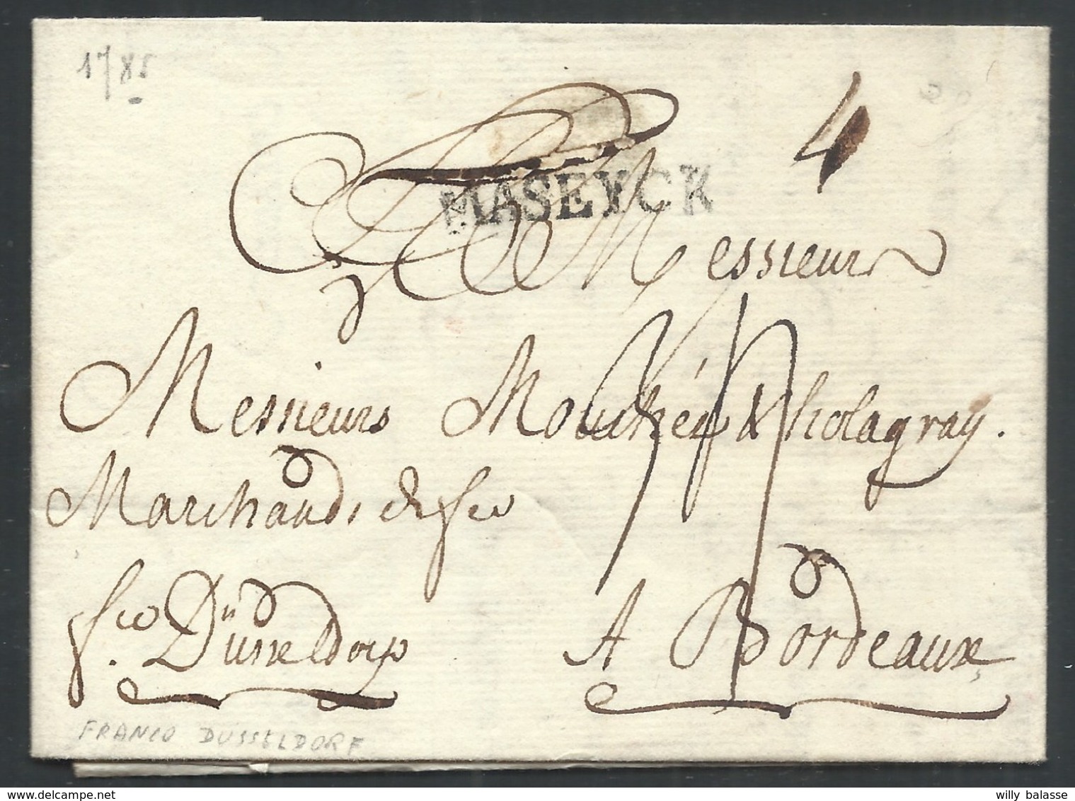 Lac Datée De Remsheid (Allemagne) 1785 Pour Bordeaux Marque De Passage MASEYCK + "fro Dusseldorf" - 1714-1794 (Paises Bajos Austriacos)