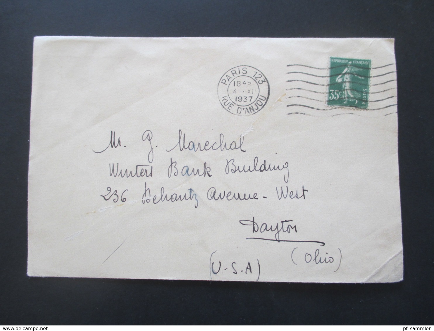 Frankreich 1937 Säerin EF Brief Aus Paris Nach Dayton Ohio Umschlag Des Hotel De Crillon 10, Place De La Concorde Paris - Briefe U. Dokumente