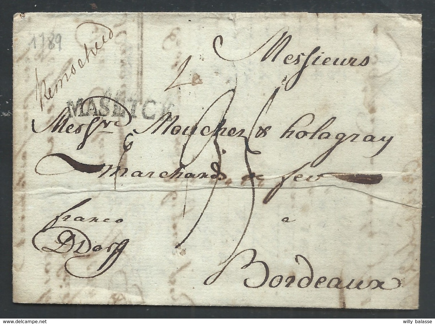 Lac Datée De Remsheid  (Allemagne) 1789 Pour Bordeaux Marque De Passage MASEYCK + Man "Remsheid" - 1714-1794 (Paises Bajos Austriacos)