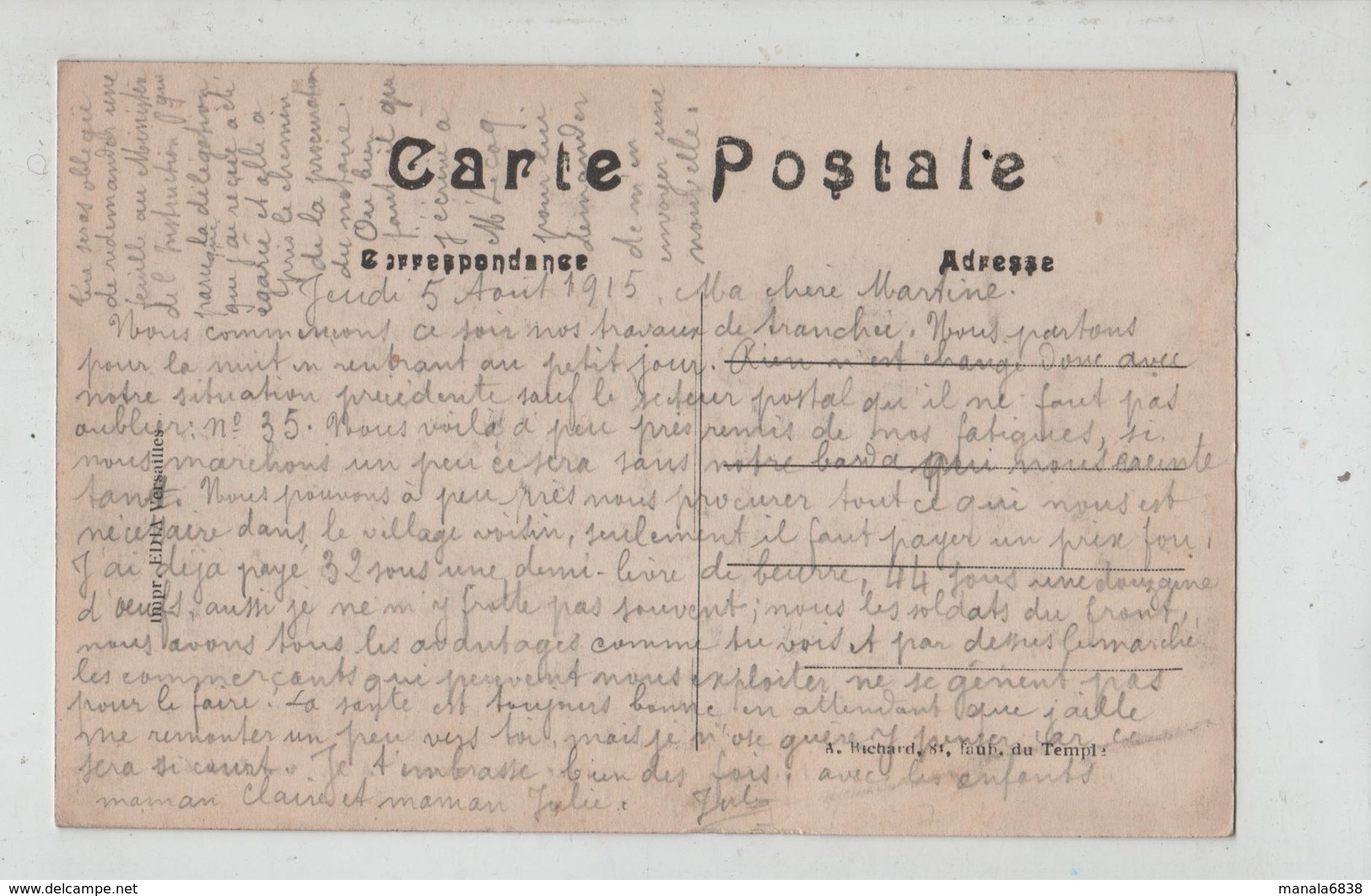 Ecrit De Guerre 1915 Travaux De Tranchées Secteur Postal 35 Prix Fou Pour Manger Jules Hébuterne église Bombardée - Autres & Non Classés