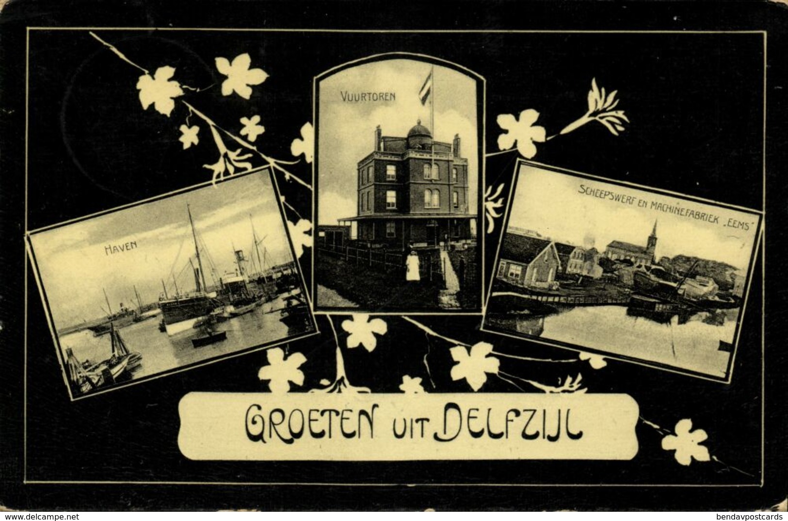 Nederland, DELFZIJL, Haven, Vuurtoren, Scheepswerf "Eems" (1910s) Ansichtkaart - Delfzijl