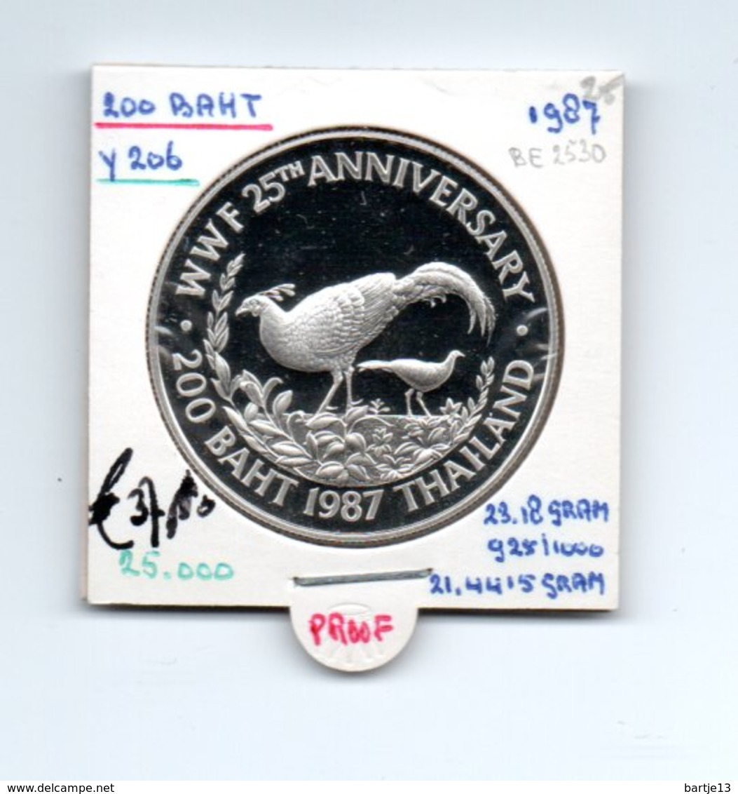 THAILAND 200 BAHT BE2530 - 1987 ZILVER PROOF 25th ANNIVERSARY WWF PHEASANT PAUW - Thaïlande