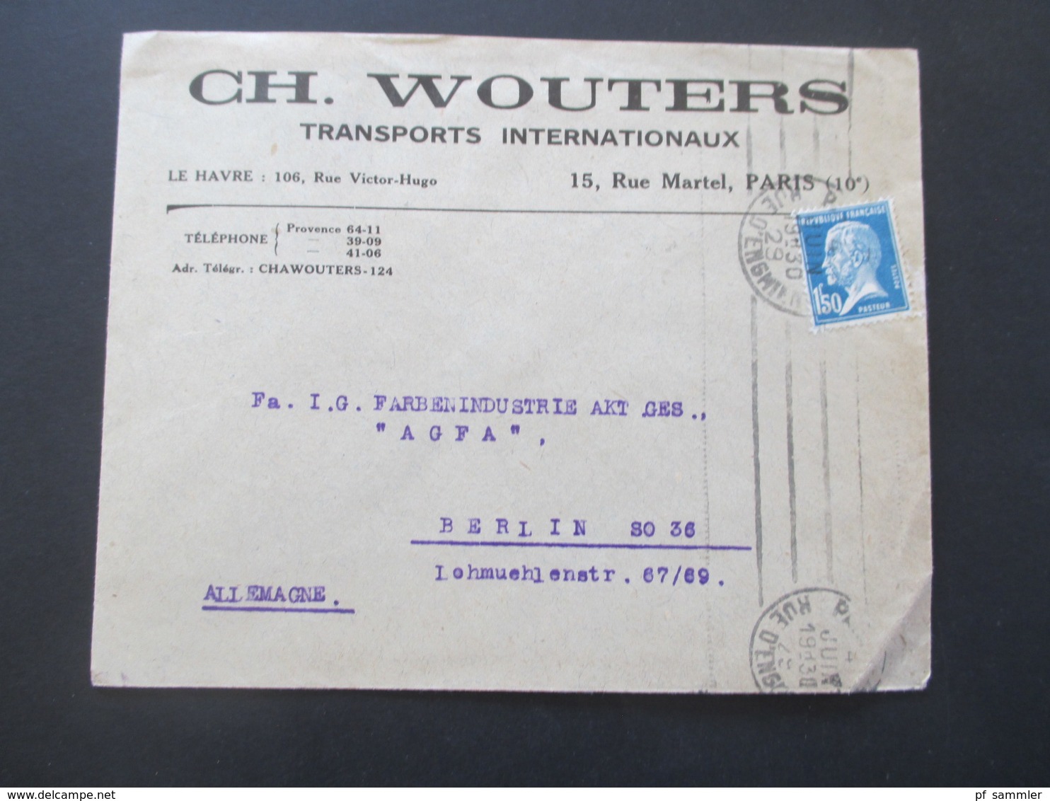 Frankreich 1929 Louis Pasteur Nr. 197 EF Firmenumschlag Ch. Wouters Transports Internationaux Rue Martel Paris - Cartas & Documentos