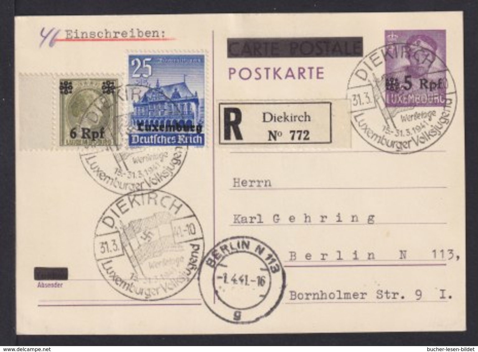 LUXEMBURG - 1941 - 5 Pf. Ganzsache Als Einschreiben Ab Diekirch Nach Berlin - Occupation 1938-45