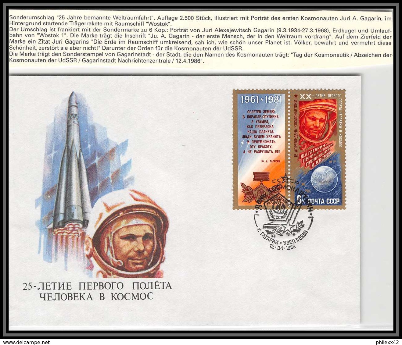 3208X Espace (space Raumfahrt) Lettre Cover Russie (Russia Urss USSR) 12/4/1986 Cosmonauts Day Gagarine Gagarin - Russie & URSS