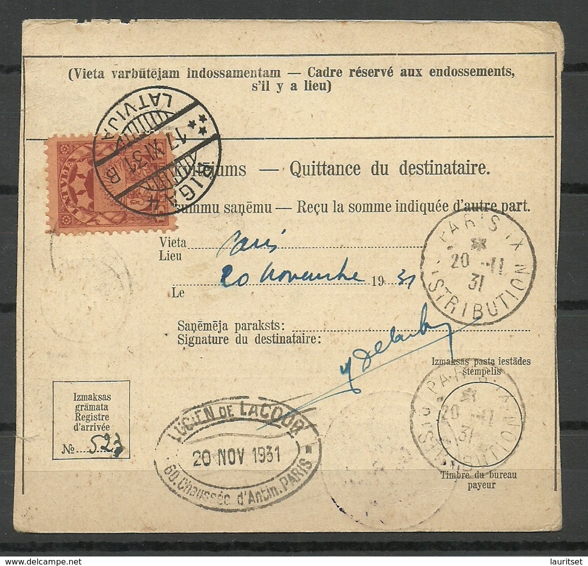 LETTLAND Latvia 1931 Postal Money Order To France With Latvia And France Stamps - Lettland