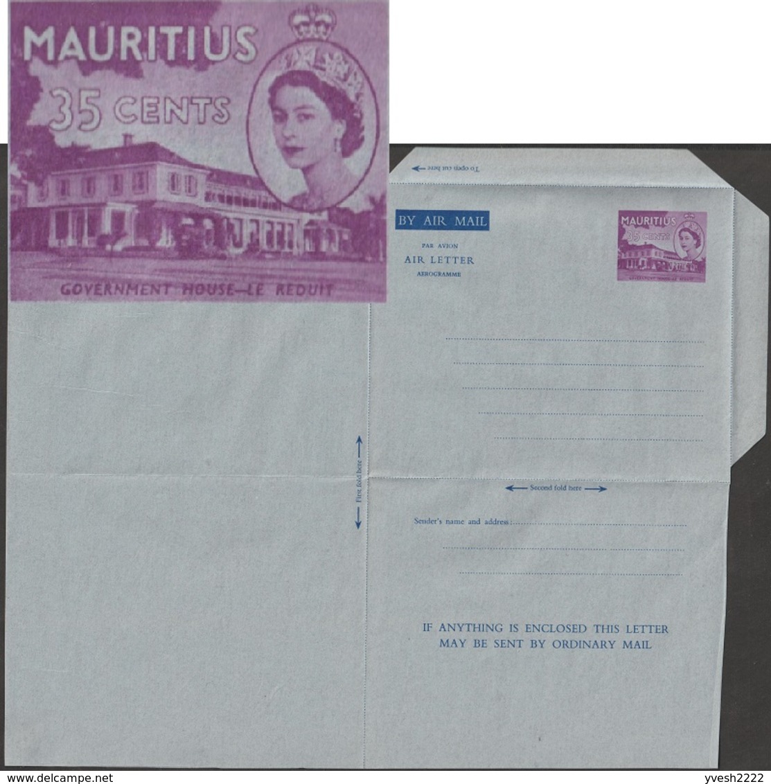 Maurice / Mauritius 1956. Aérogramme Elizabeth II. Le Château Du Réduit, Siège De La Présidence. 2 Lignes D'inscriptions - Châteaux