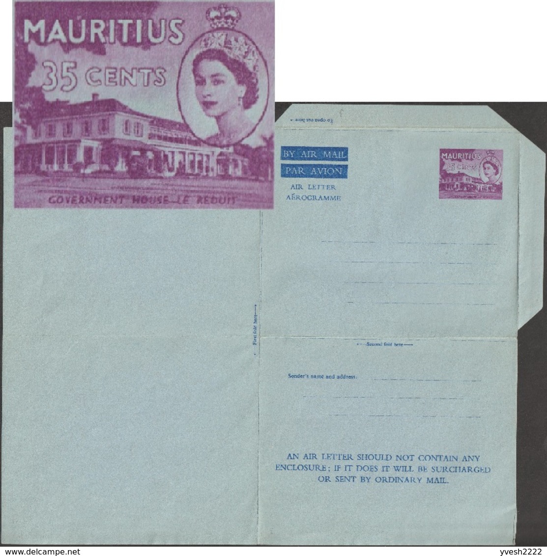 Maurice / Mauritius 1962. Aérogramme Elizabeth II. Le Château Du Réduit, Siège De La Présidence. 3 Lignes D'inscriptions - Châteaux