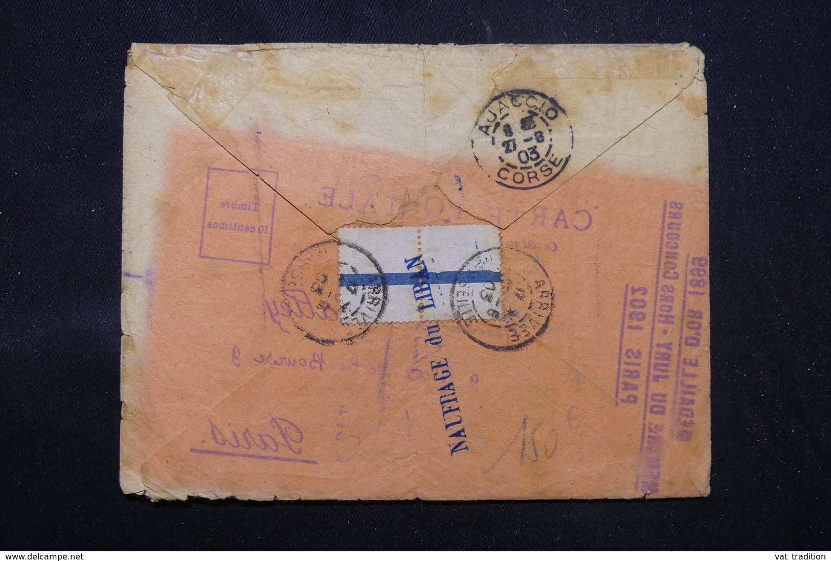 FRANCE / ALGÉRIE - Griffe Du Naufrage Du Hilda Au Verso D'une Enveloppe De Constantine En 1903 Pour Ajaccio - L 59076 - Crash Post