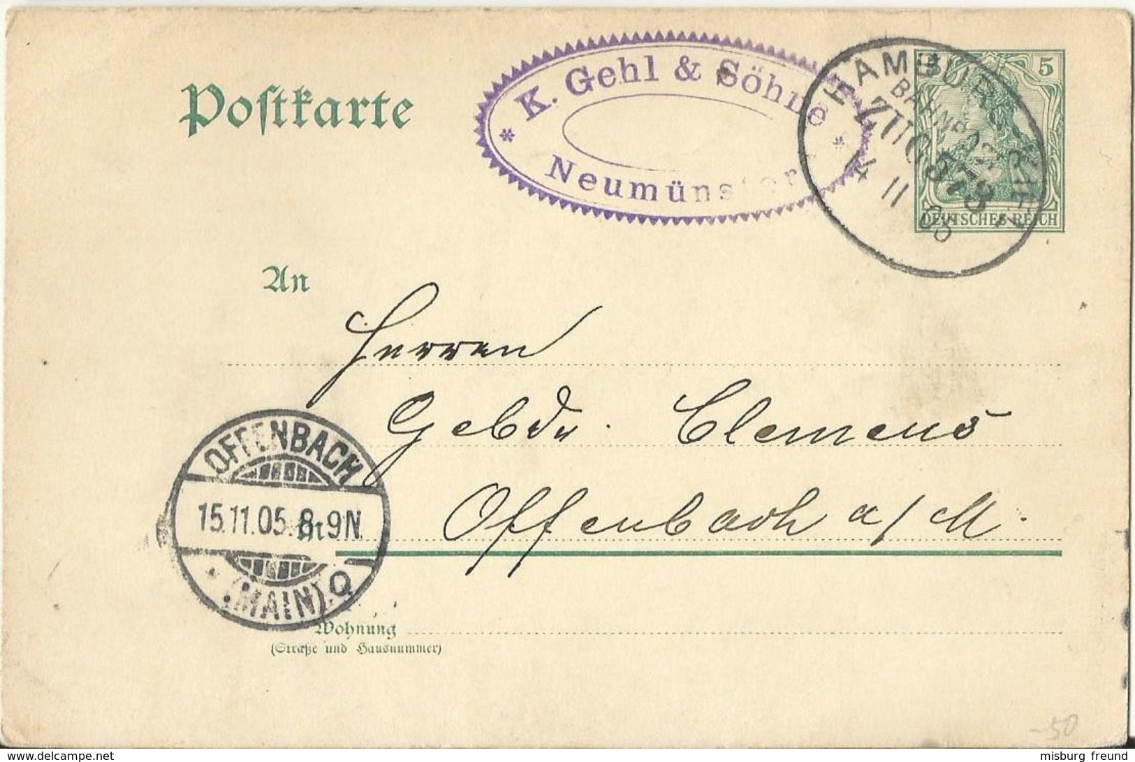 6 045 Ganzsache Bahnpost "HAMBURG-KIEL" 1905 - Usados