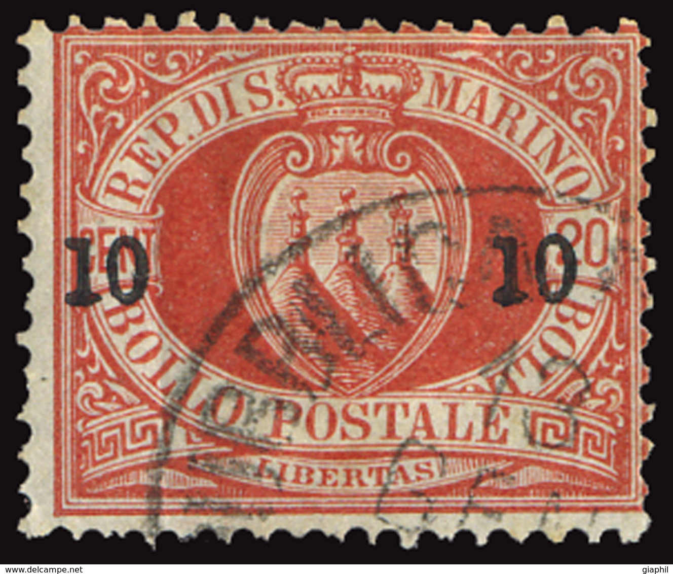 SAN MARINO 1892 10 SU 20 C. (Sass. 11) USATO OFFERTA! - Used Stamps
