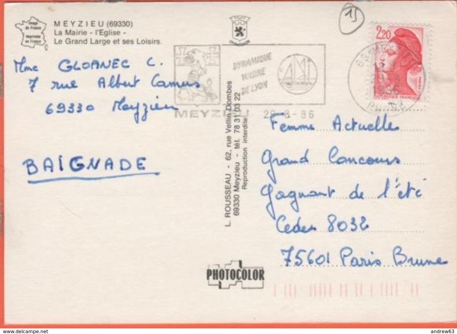 FRANCIA - France - 1986 - 2,20 Liberté De Gandon + Flamme - 69 Rhône - Meyzieu - Multivues - Viaggiata Da Meyzieu Per Pa - Meyzieu