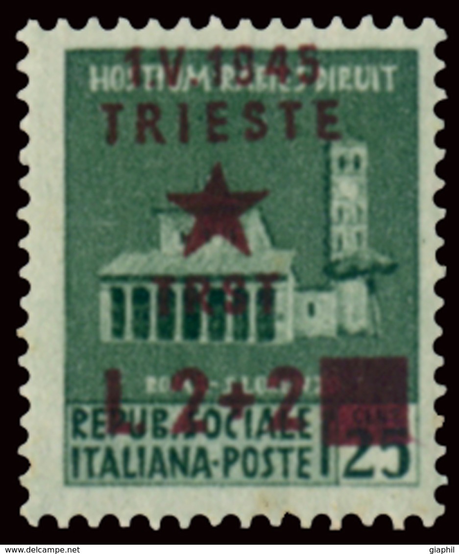 TRIESTE OCC. JUGOSLAVA 1945 2 L. + 2 L. SOPRASTAMPA SPOSTATA IN ALTO (Sass. 7c) MNH ** - Occ. Yougoslave: Trieste