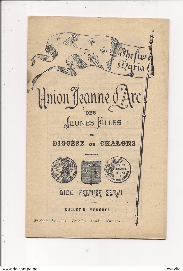 Bulletin Mensuel "Union Jeanne D'Arc" Des Jeunes Filles Du Diocèse De CHALONS-sur-MARNE  (Septembre 1924) - Documents Historiques