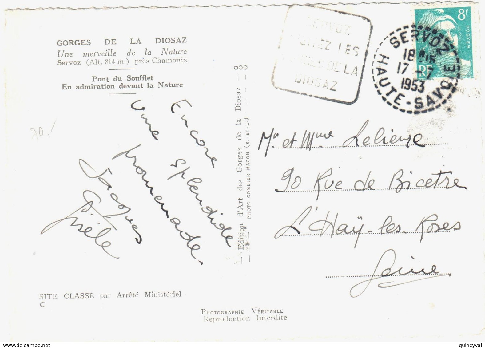 SERVOZ Haute Savoie Carte Postale 8F Gandon Yv 810 Ob Daguin SER302 Recette Distribution Pointillé - Lettres & Documents