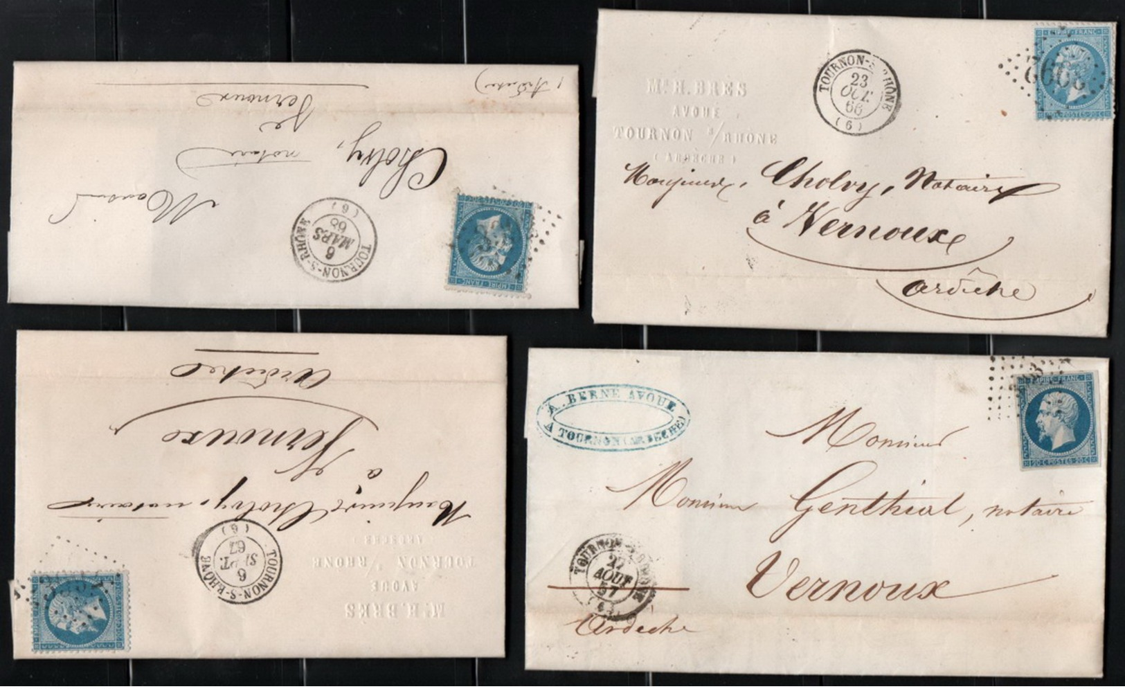 France Lot De 4 Lettres Ardéche Vernoux Tournon Sur Rhône GC 3992 PC 3393 YT14e Type 1 Et YT22 De 1866/67/68 Toutes - 1853-1860 Napoleon III