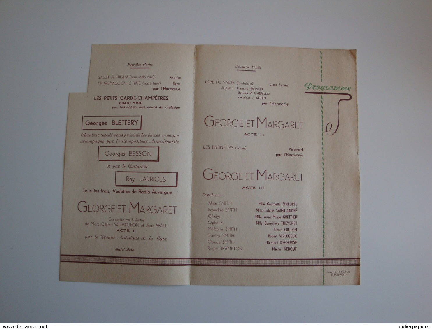 Programme Des Soirées Artistiques De La Lyre Au Théâtre Municipal De Saint-Pourçain Sur Sioule Février 1955 - Programmes