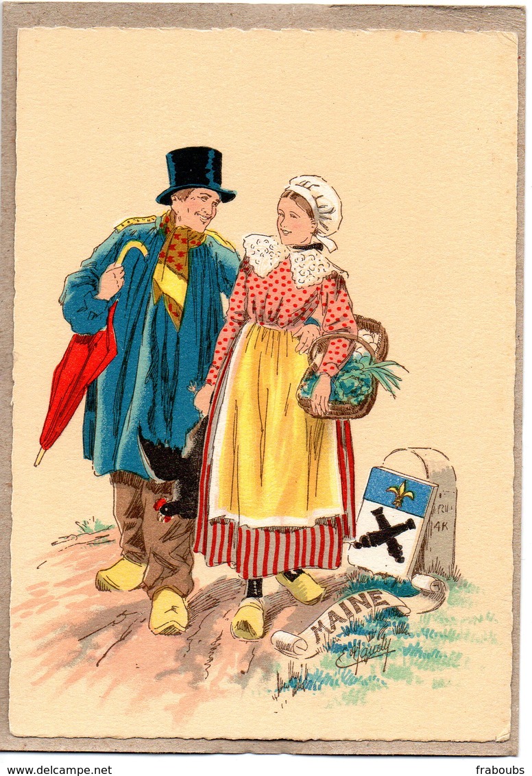 MAINE - FOLKLORE - BLASON LION - COSTUME - COIFFE - COUPLE - ILLUSTRATION NAUDY - BARRE DAYEZ 1185 I - Naudy