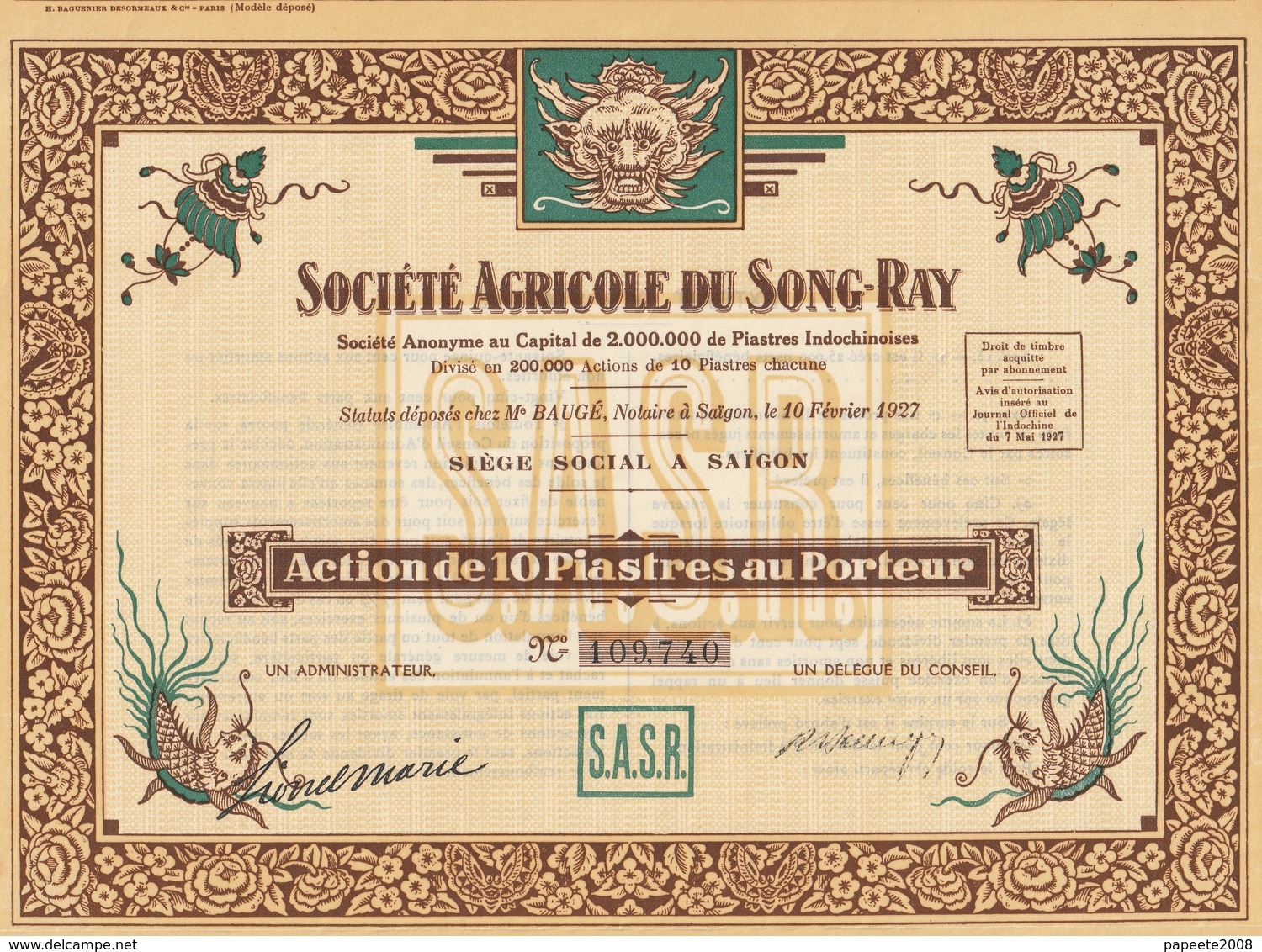 Indochine - Sté Agricole Du Song-Ray - Capital De 2 000 000 F / Action De 10 Piastres - Asia