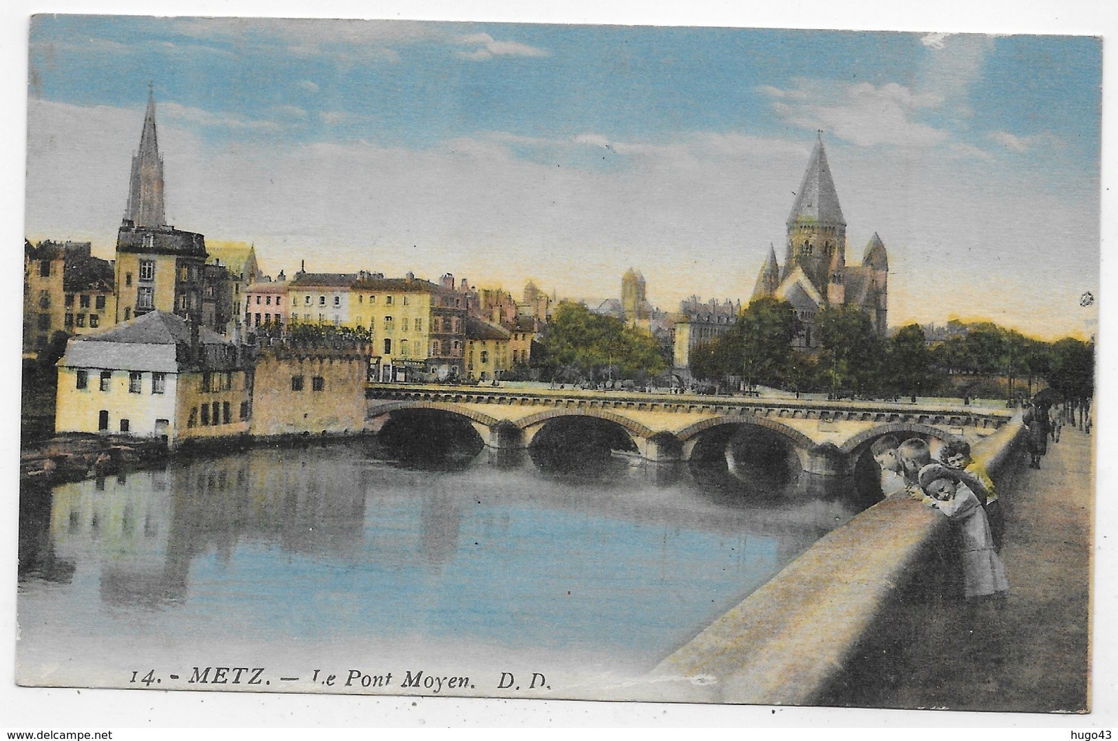 METZ EN 1927 - N° 14 - LE PONT MOYEN AVEC ENFANTS - CPA COULEUR VOYAGEE - Metz