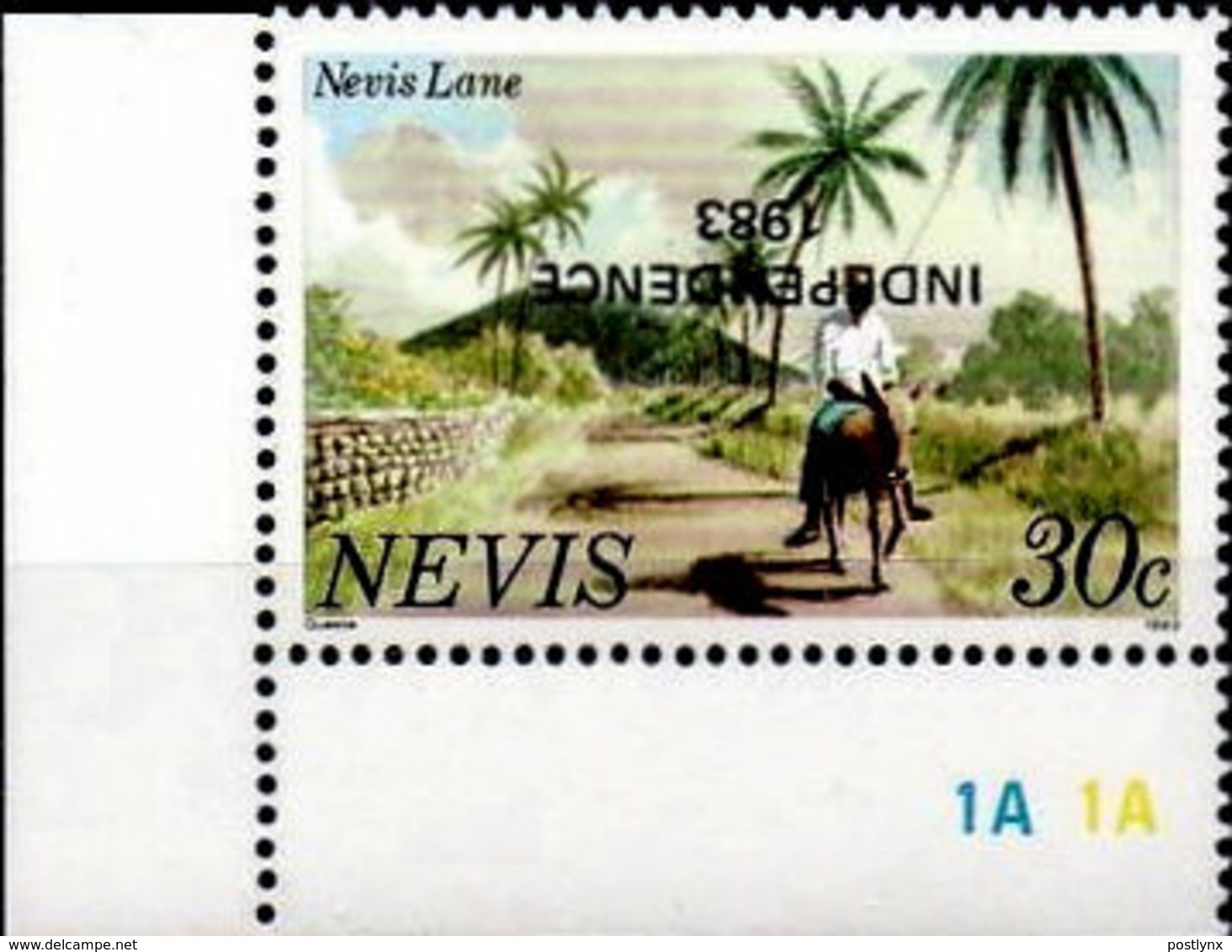 NEVIS 1983 Donkey Palm Trees 30c CORNER OVPT:Independence Imprint:1983 ERROR:INVERTED OVERPRINT - Asini