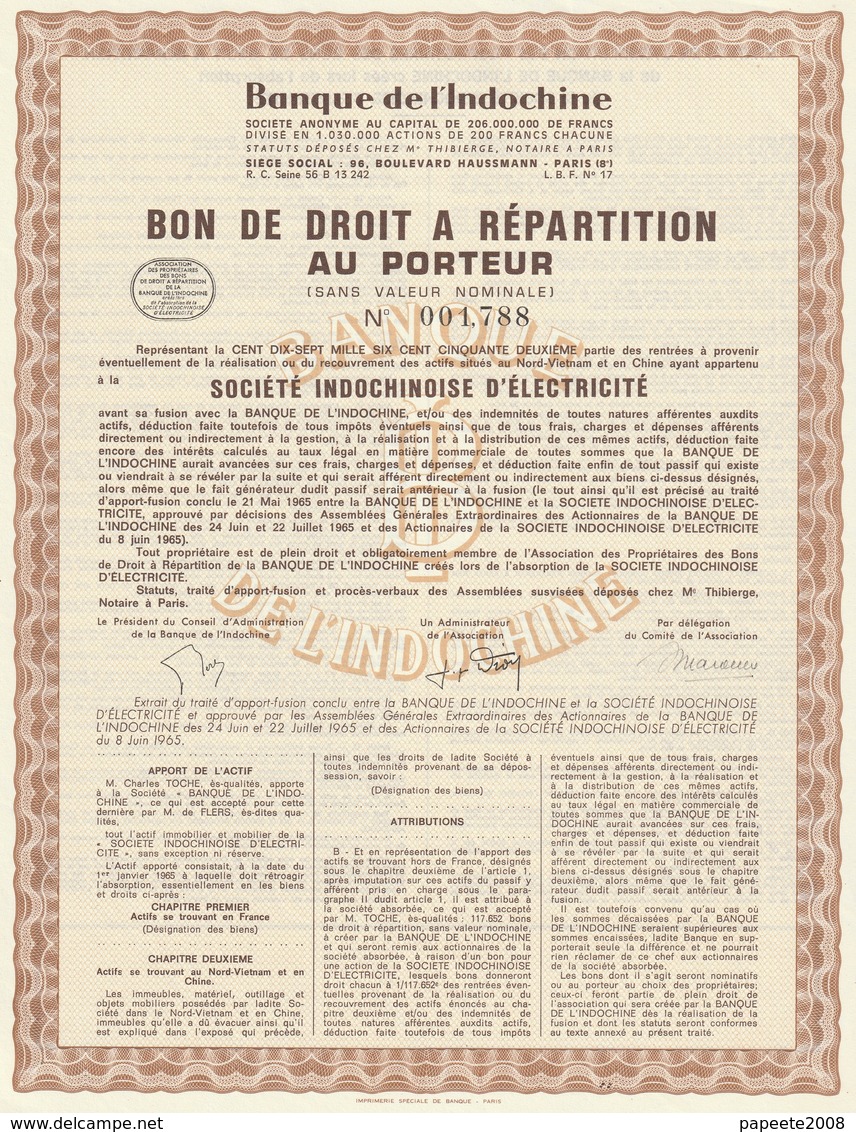 Indochine / Nord-Viernam - Sté Indochinoise D'électricité / Bon De Droit à Répartition - Asia