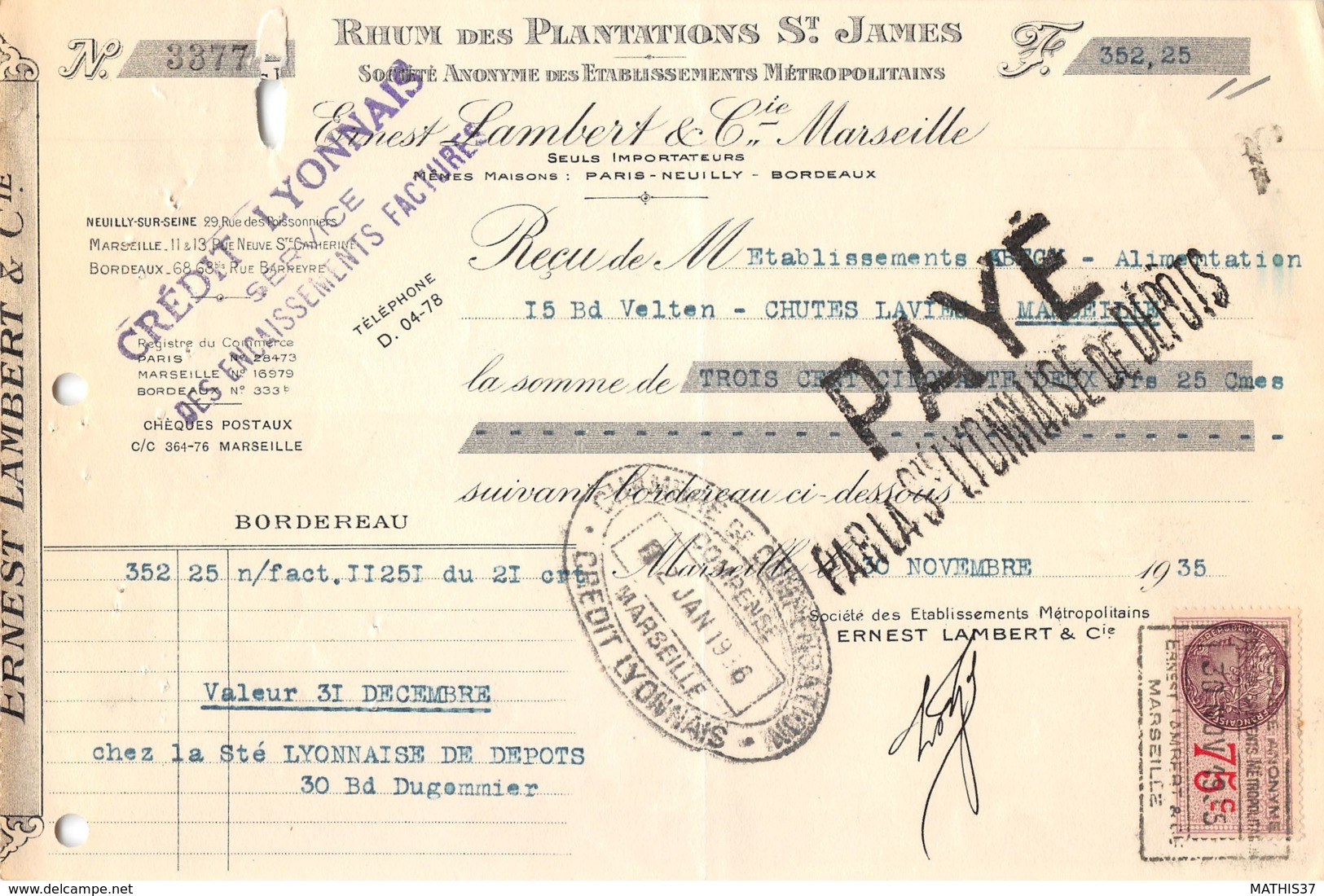 1935 RHUM DES PLANTATIONS SAINT JAMES ERNEST LAMBERT A MARSEILLE - ETS ABEGY A MARSEILLE  50-0580 - 1900 – 1949