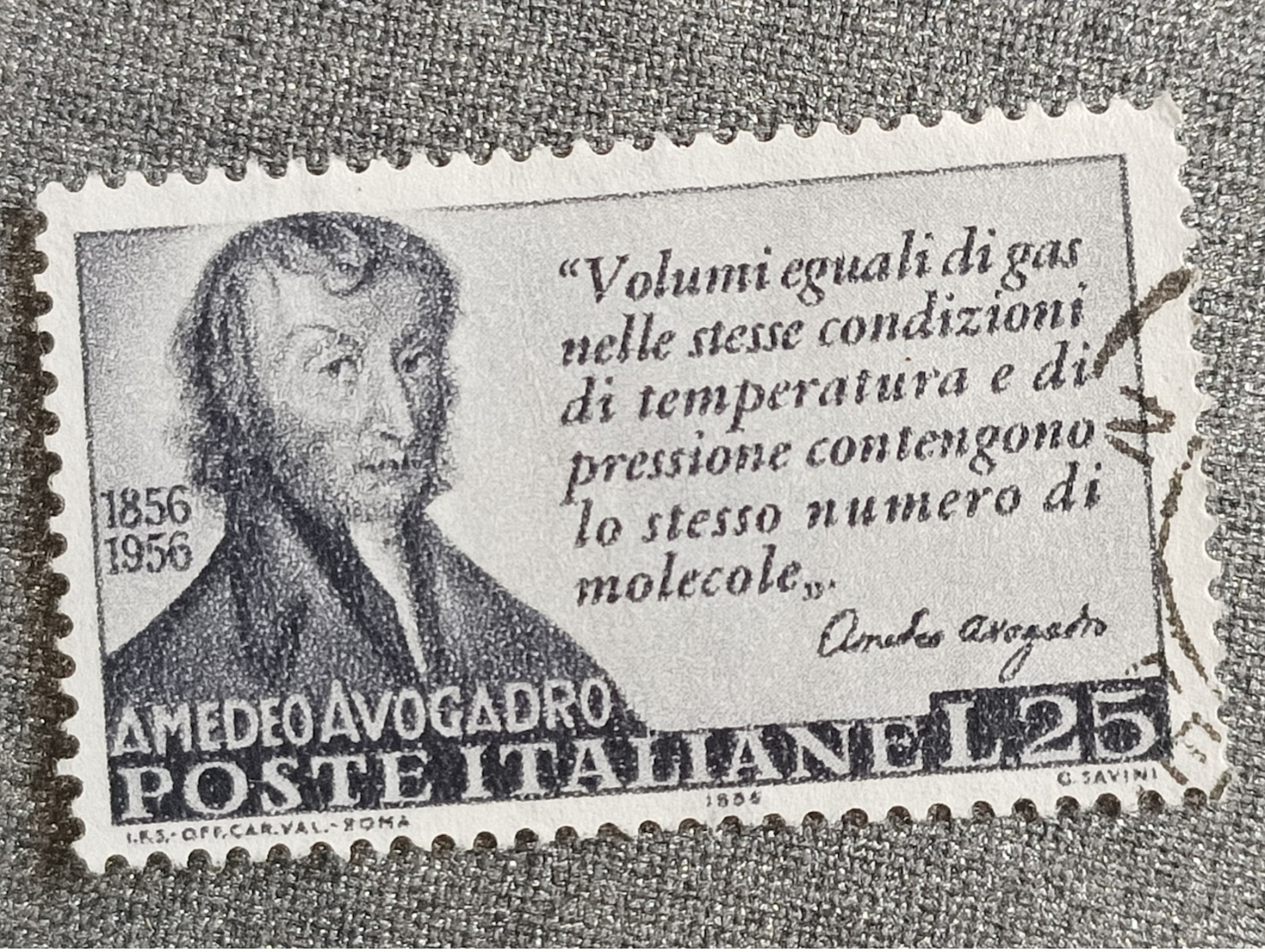 FRANCOBOLLO VIAGGIATO - REPUBBLICA - MORTE AMEDEO AVOGADRO - 1956 - LIRE 25 - SASSONE 1-802 - 1946-60: Usados