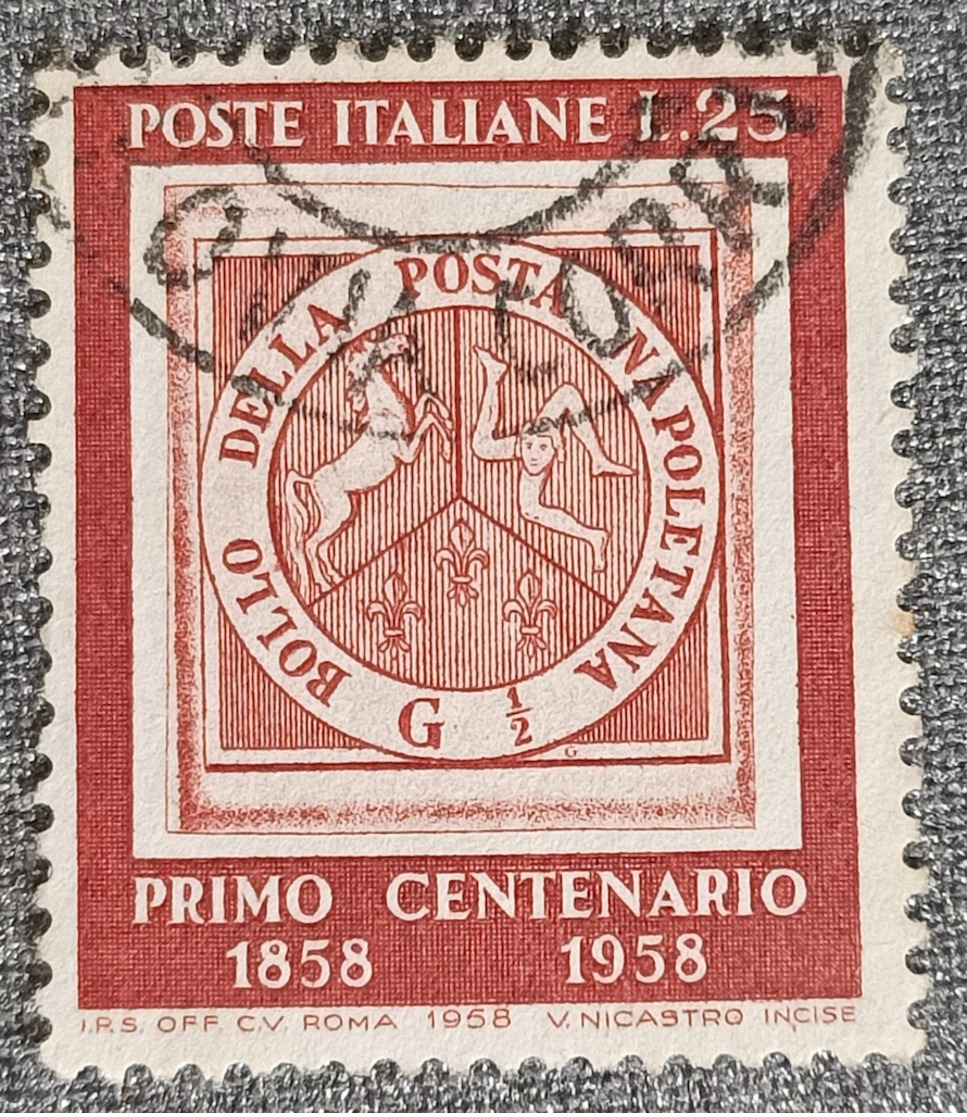 FRANCOBOLLO VIAGGIATO -  CENTENARIO DEI PRIMI FRANCOBOLLI - 1958 - LIRE 25 - SASSONE 1-840 - 1946-60: Usados