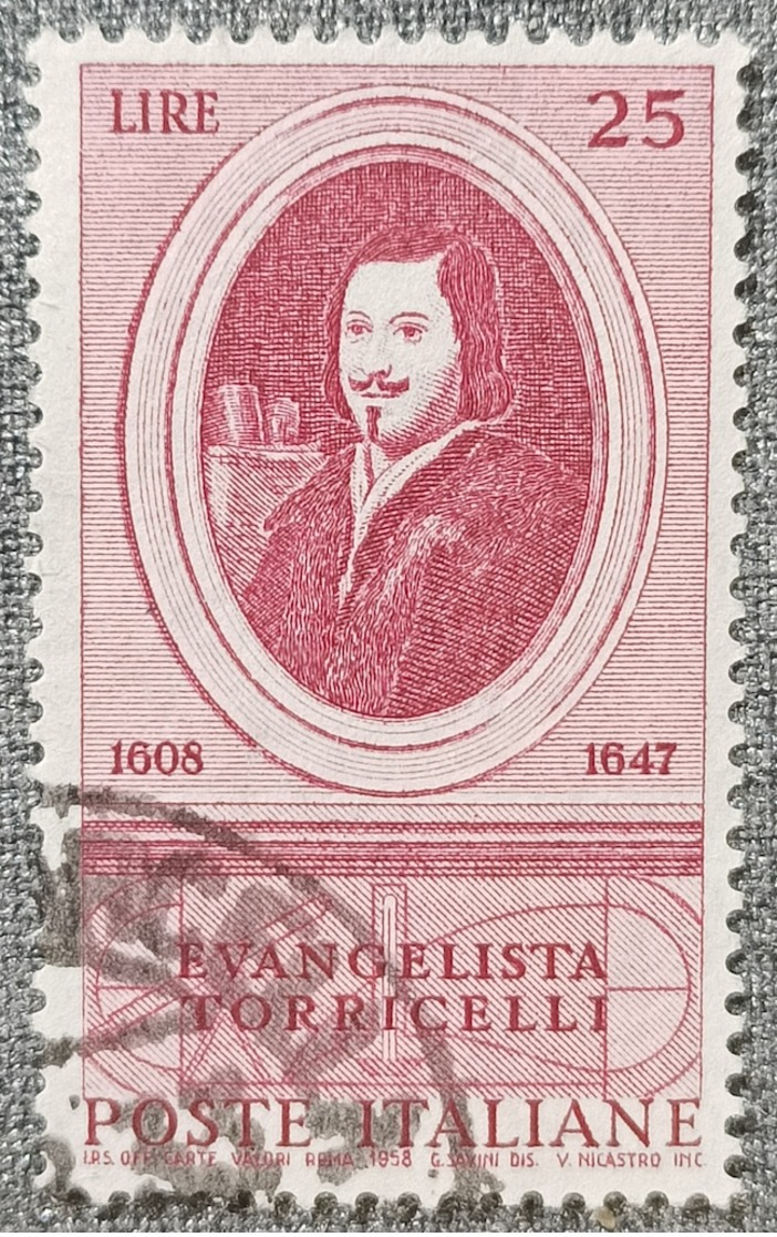 FRANCOBOLLO VIAGGIATO -  ANNIVERSARIO EVANGELISTA TORRICELLI - 1958 - LIRE 25 - SASSONE 1-842 - 1946-60: Used