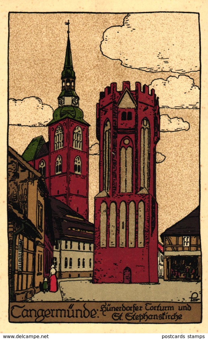 Tangermünde, Torturm Und Stephanskirche, Steindruck AK, Um 1920 - Tangermuende