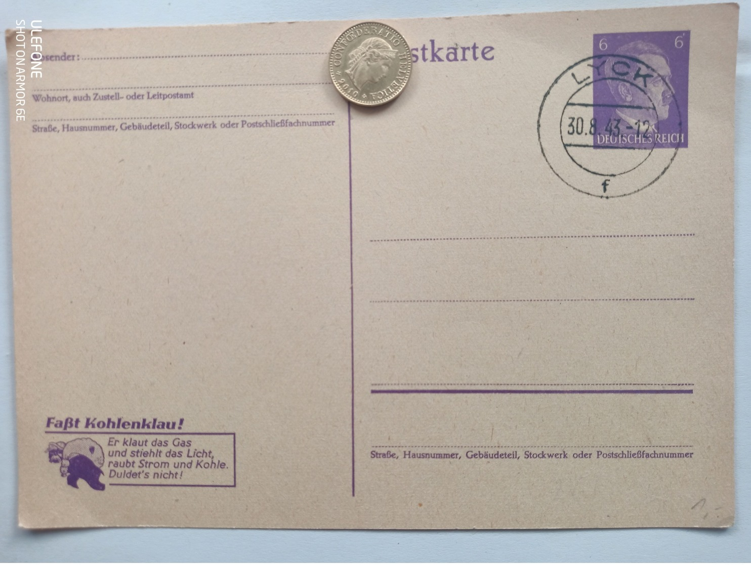 Lyck, Ostpr., Postkarte "Faßt Kohlenklau", 1943 - Ostpreussen