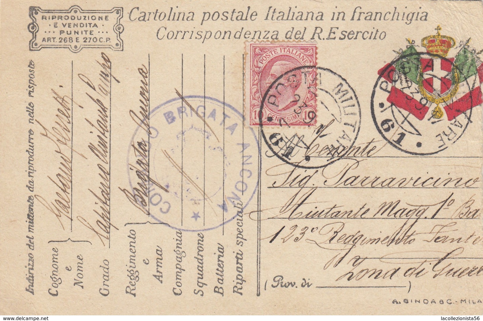 9786-FRANCHIGIA 1° GUERRA-"POSTA MILITARE-61" - 23-9-1917 - Marcophilie