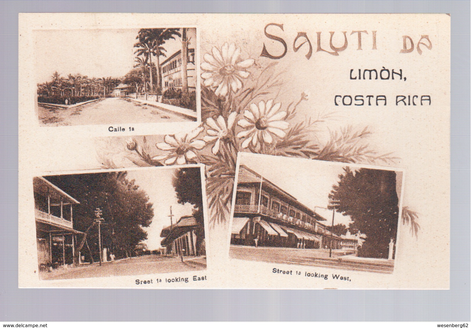 Costa Rica  Saluti Da Limon  Calle 1a, Street 1 Ca 1920 Old Postcard - Costa Rica