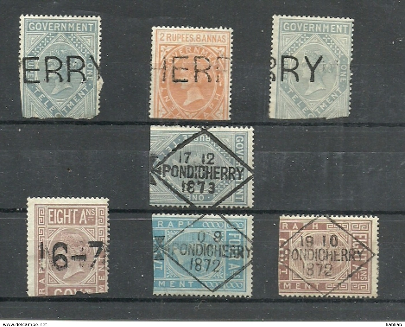 PONDICHERY = UN LOT DE TIMBRES TELEGRAPHE DE L INDE ANGLAISE SURCHARGES 1872-1873 - Gebruikt