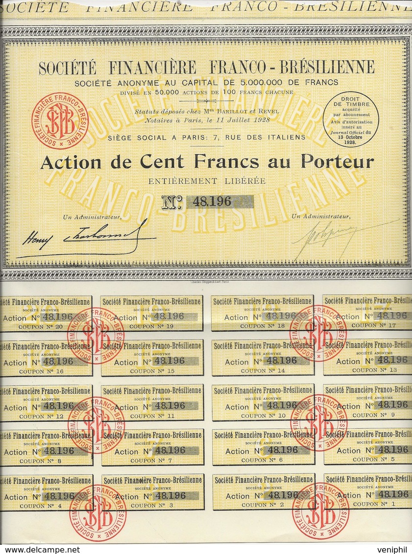 SOCIETE FINANCIERE FRANCO - BRESILIENNE -ACTION DE 100 FRS  - 1928 - Banque & Assurance