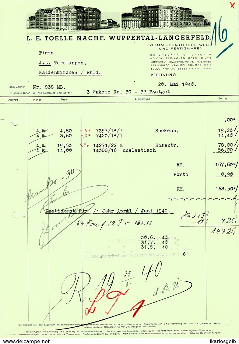 WUPPERTAL Langerfeld Rechnung 1940 Deko " L.E.Toelle - Gummi-Elastische Web- Und Fertigwaren " - Vestiario & Tessile