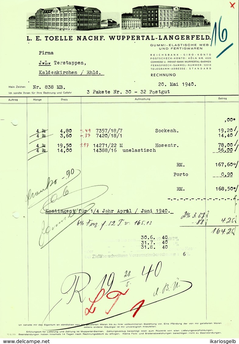 WUPPERTAL Langerfeld Rechnung 1940 Deko " L.E.Toelle - Gummi-Elastische Web- Und Fertigwaren " - Textile & Vestimentaire