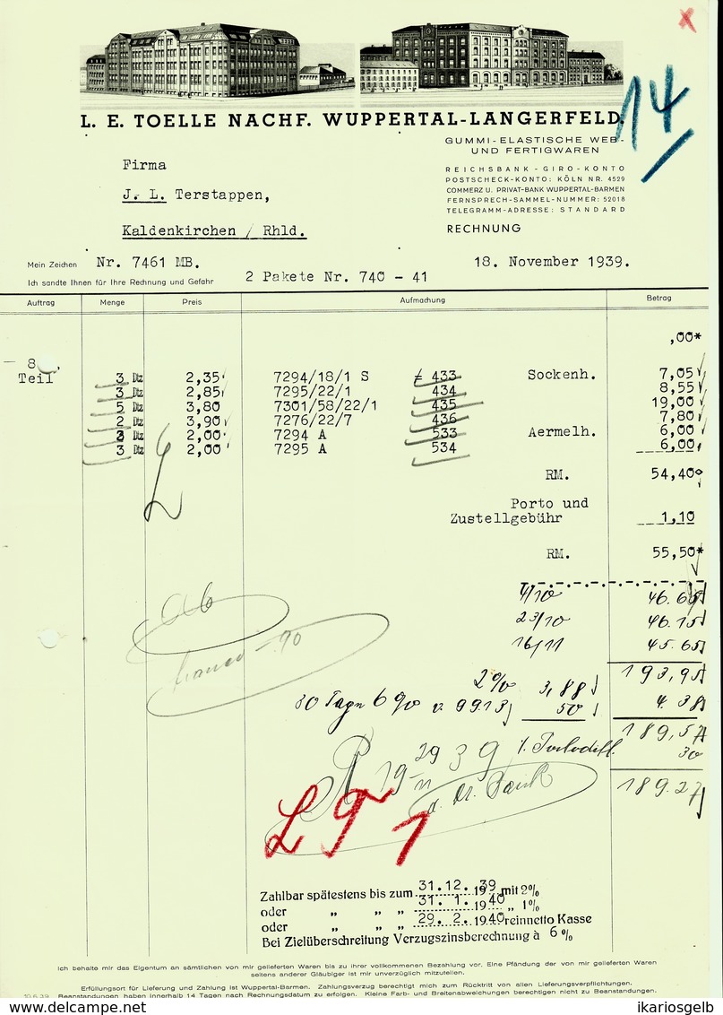 WUPPERTAL Langerfeld Rechnung 1939 Deko " L.E.Toelle - Gummi-Elastische Web- Und Fertigwaren " - Kleidung & Textil