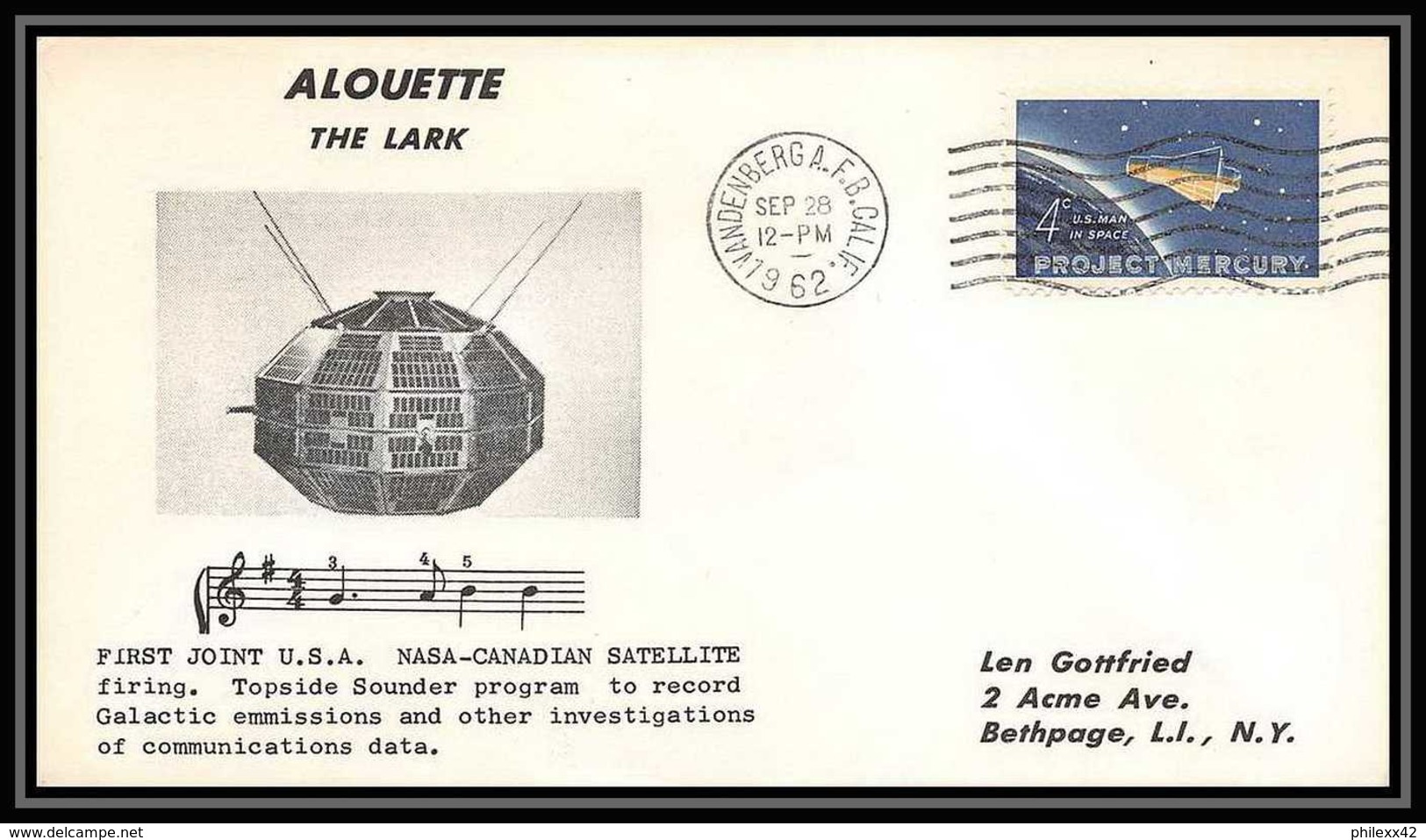 3723/ Espace Space Raumfahrt Lettre Cover Briefe Cosmos 28/9/1962 Alouette The Lark Canadian Satellite USA - Stati Uniti