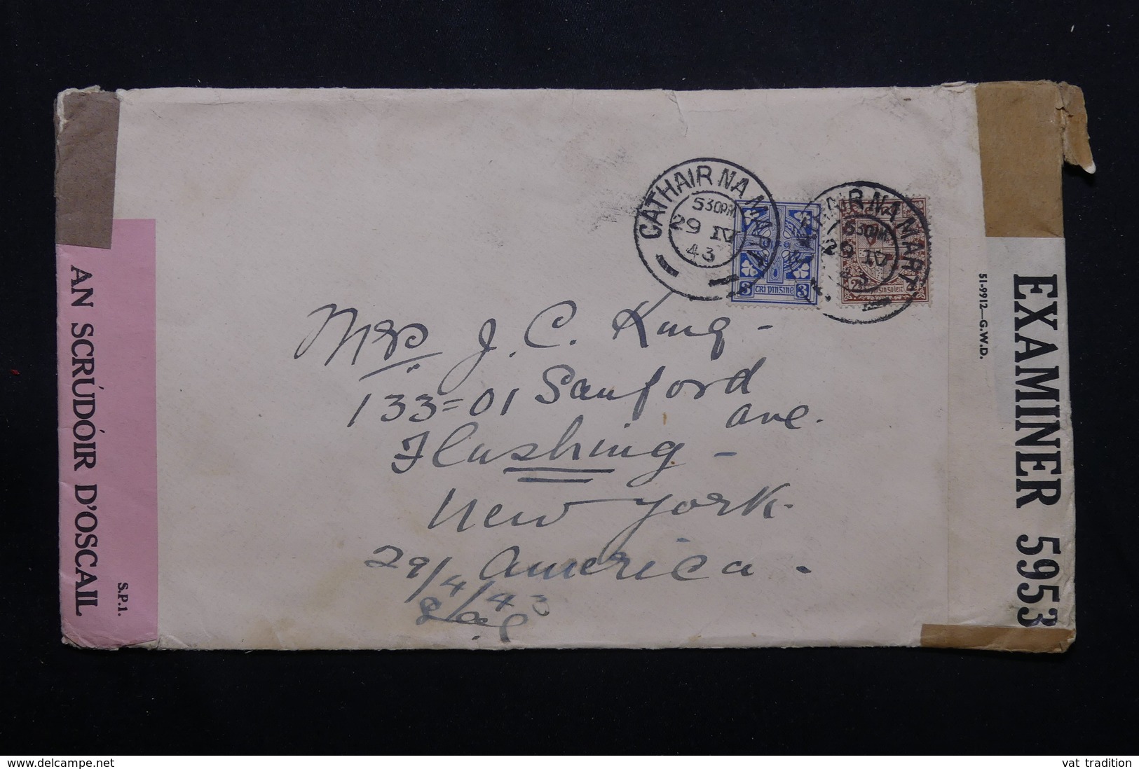 IRLANDE - Enveloppe De Cathair Na Mart Pour New York En 1943 Avec Contrôles Postaux, Affranchissement Plaisant - L 59147 - Brieven En Documenten