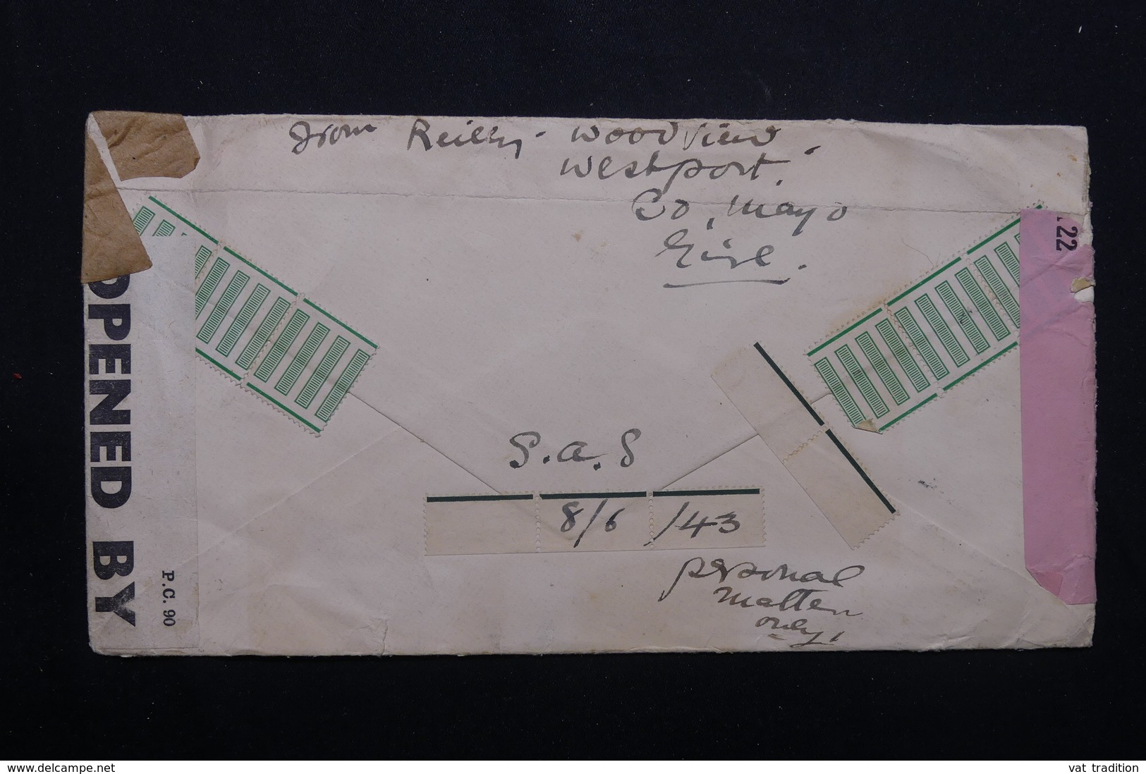 IRLANDE - Enveloppe De Cathair Na Mart Pour New York En 1943 Avec Contrôles Postaux, Affranchissement Plaisant - L 59148 - Brieven En Documenten