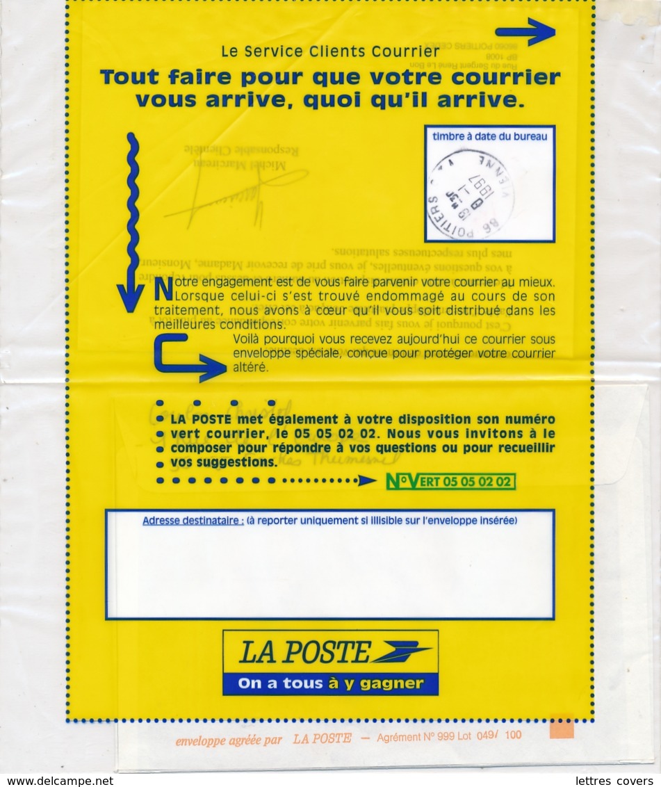 Enveloppe  Avec Lettre D' EXPLICATION De LA¨POSTE  - Incident Traitement Mécanisé - Enveloppe Plastifiée POITIERS VIENNE - Unfallpost