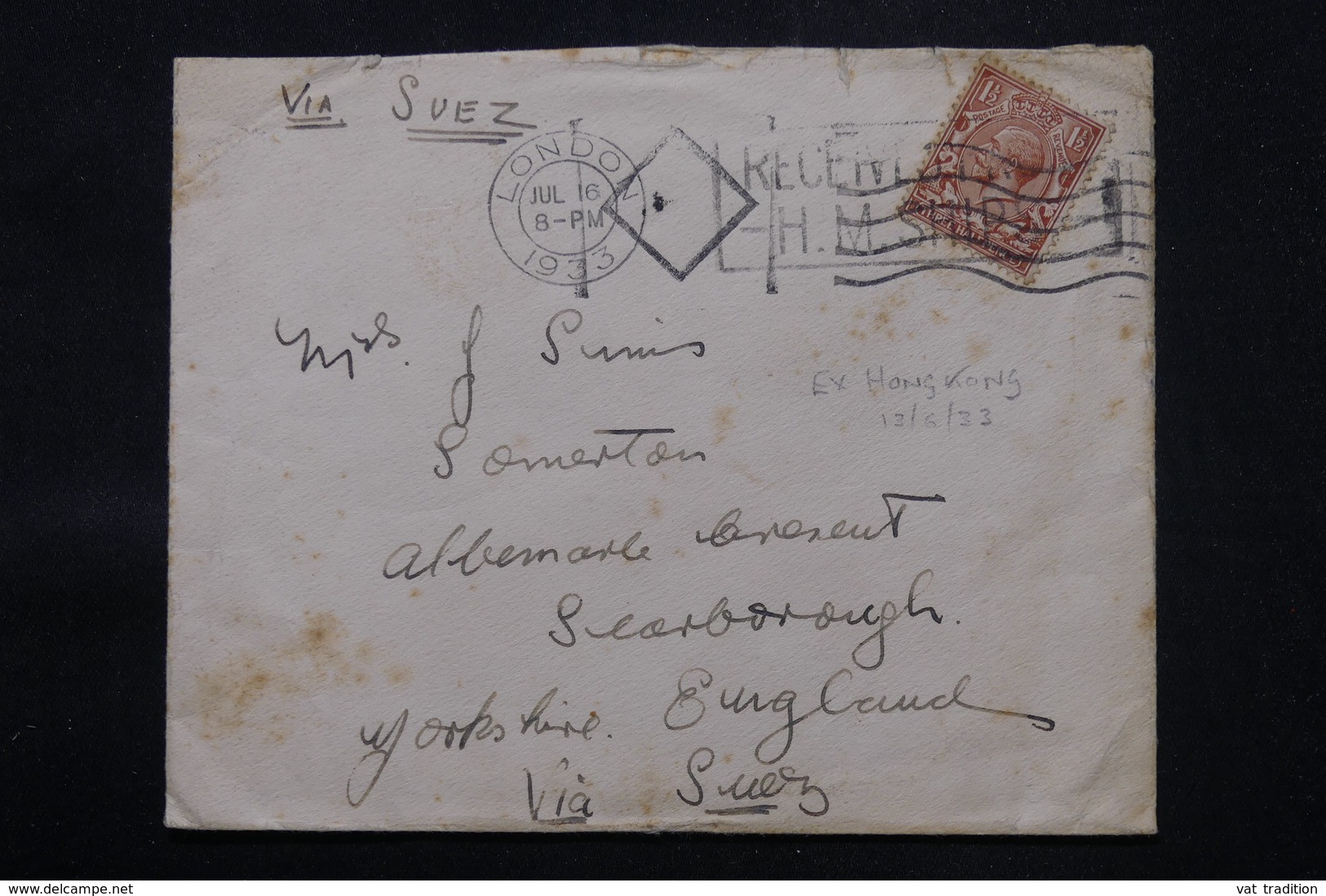 HONG KONG - Enveloppe Pour Le Royaume Uni Via Suez En 1933, Oblitération Maritime - L 59179 - Ungebraucht